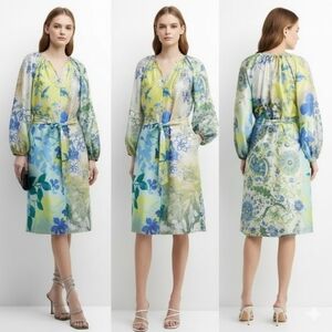NWT Kobi Halperin Arbor Blouson-Sleeve FloralMidi Dress Satin Silk Look White